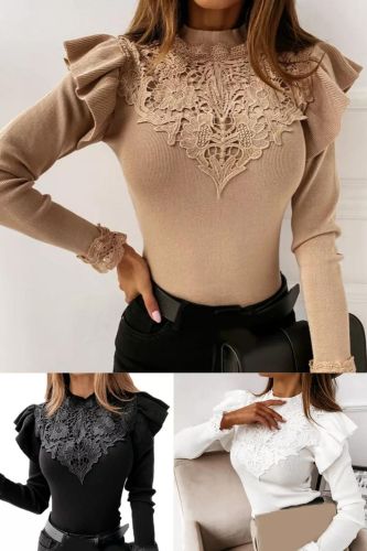 Women's Fashion Long Sleeve Ruffle Lace Panel  Blouses & Shirts