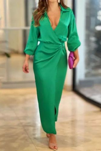 Fashion Elegant Long Sleeve Lapel V Neck Solid Color Single Slit Party  Maxi Dress