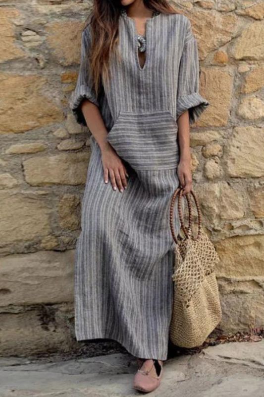 Trendy Cotton Linen Long Sleeve Striped Boho  Maxi Dress