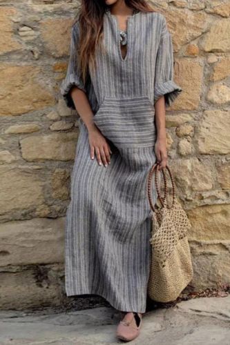 Trendy Cotton Linen Long Sleeve Striped Boho  Maxi Dress