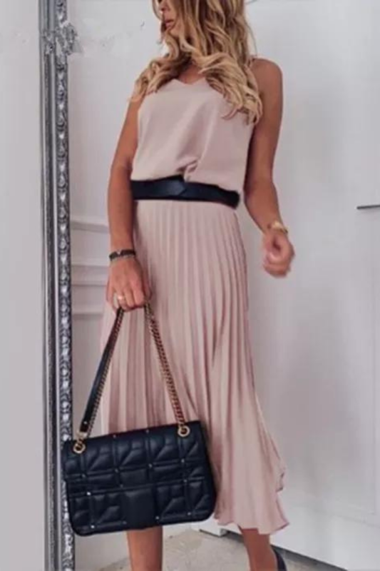 Women Fashion Casual V-neck  Sleeveless Elegant Midi Dress