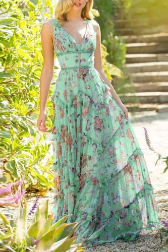 Stylish V Neck Sleeveless Floral Print Backless Holiday Evening Maxi Dress