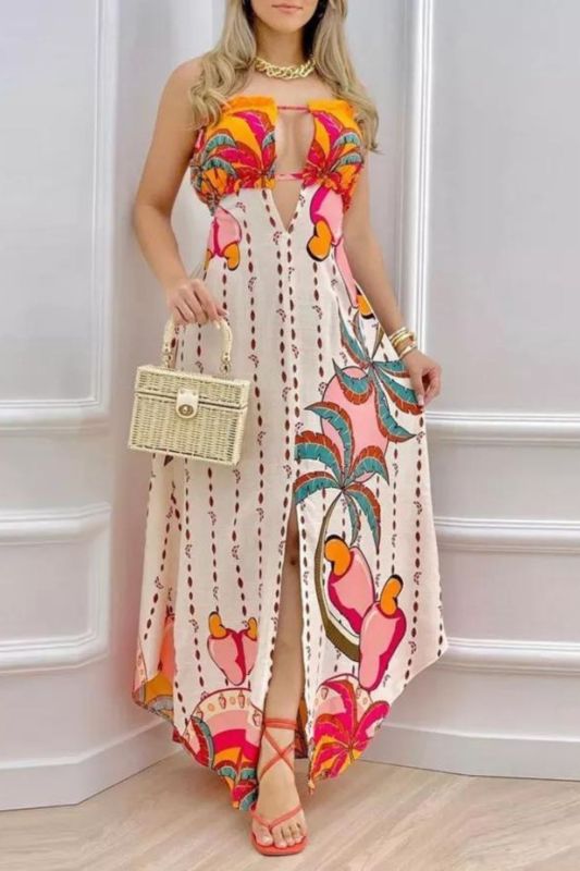 Ladies Fashion Sexy V Neck Off Shoulder Sleeveless Resort  Maxi Dress