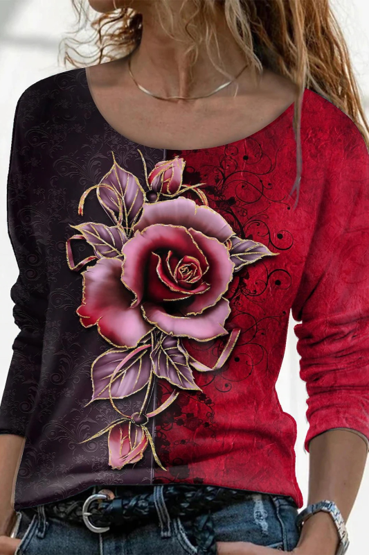 Fashion Flower Print Long Sleeve Round Loose T-shirt