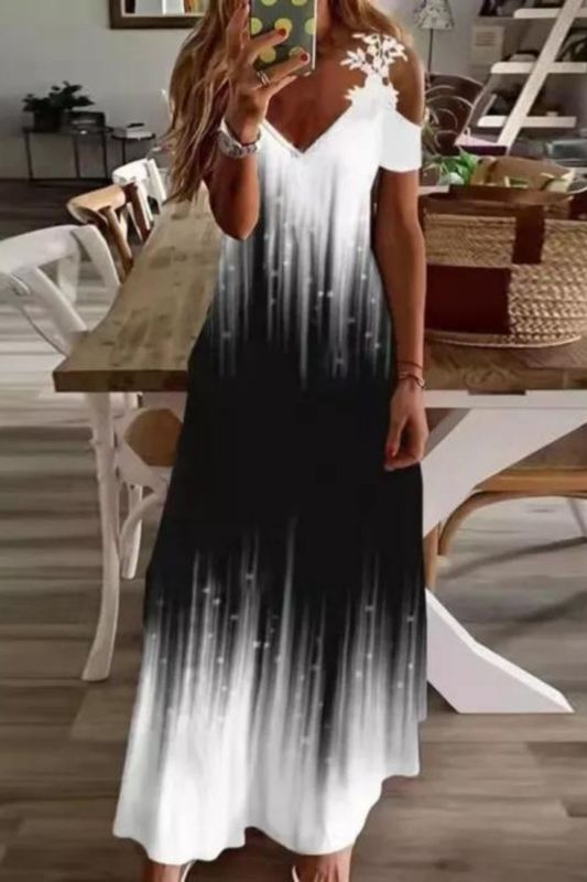 Fashion Off Shoulder  Sexy V Neck Short Sleeve A Line Party Casual Maxi Dress