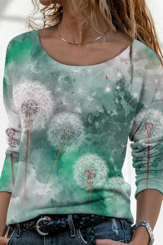 Elegant Dandelion Print  Casual O-Neck T-shirt