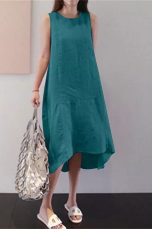 Fashion Sleeveless O-Neck Solid Color Large Swing Pocket Midi Dress