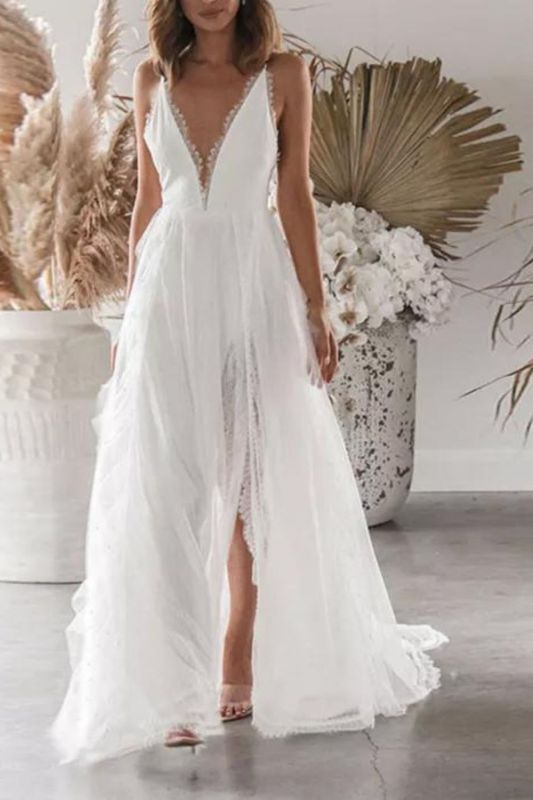 Fashion White Casual Sexy V Neck Backless Slit Wedding Party Irregular Prom Dress