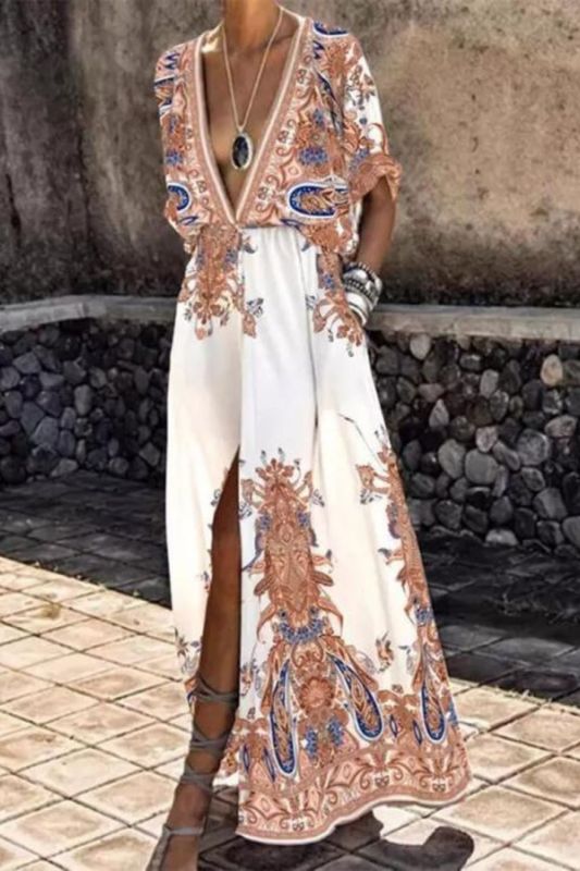 Fashion Print Short Sleeve V Neck Slit Casual Maxi Dress