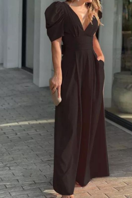 V Neck High Waist Slim Fashion Elegant Wide Leg Jumpsuit