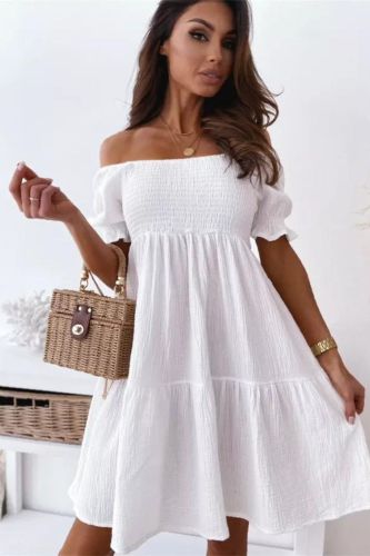 Sexy Slant Neck Pleated Puff Sleeves Backless Party Elegant Solid Color  Mini Dress