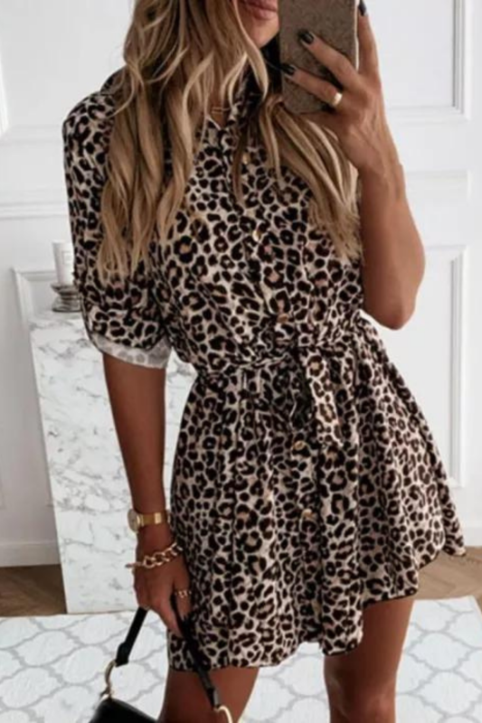 Women Leopard Printed Patchwork Long-sleeved Lapel Collar Belt Dresses
