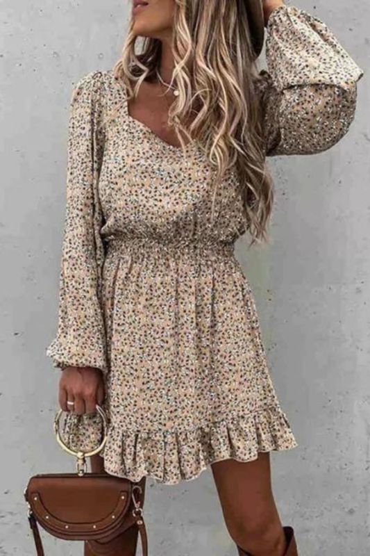 Long-Sleeve Floral Casual Square Neck Print Slim Mini Dress