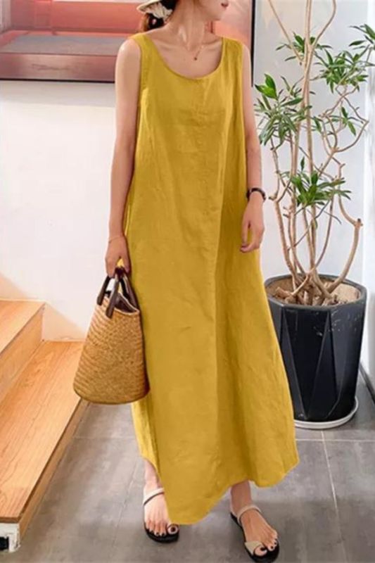 Fashion Casual Loose Pocket Round Neck Sleeveless  Maxi Dress