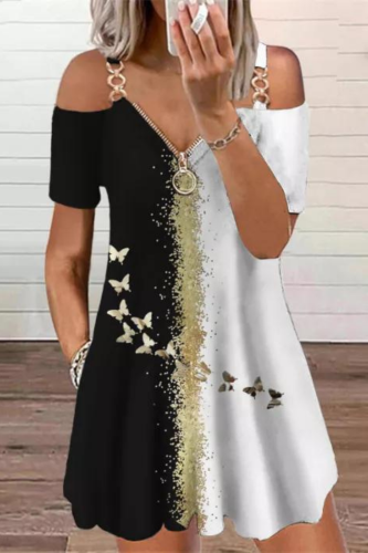 Butterflies Print Elegant Fashion V-Neck Off Shoulder Casual Mini Dresses