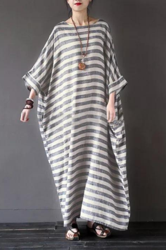 Women Cotton Linen Striped Dress