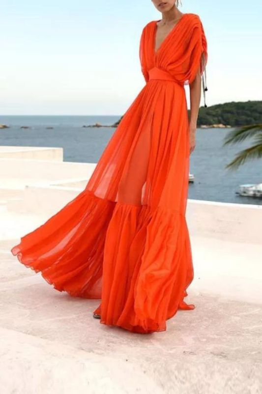 Solid Color Sexy V Neck Party Fashion Boho Beach  Prom Dress