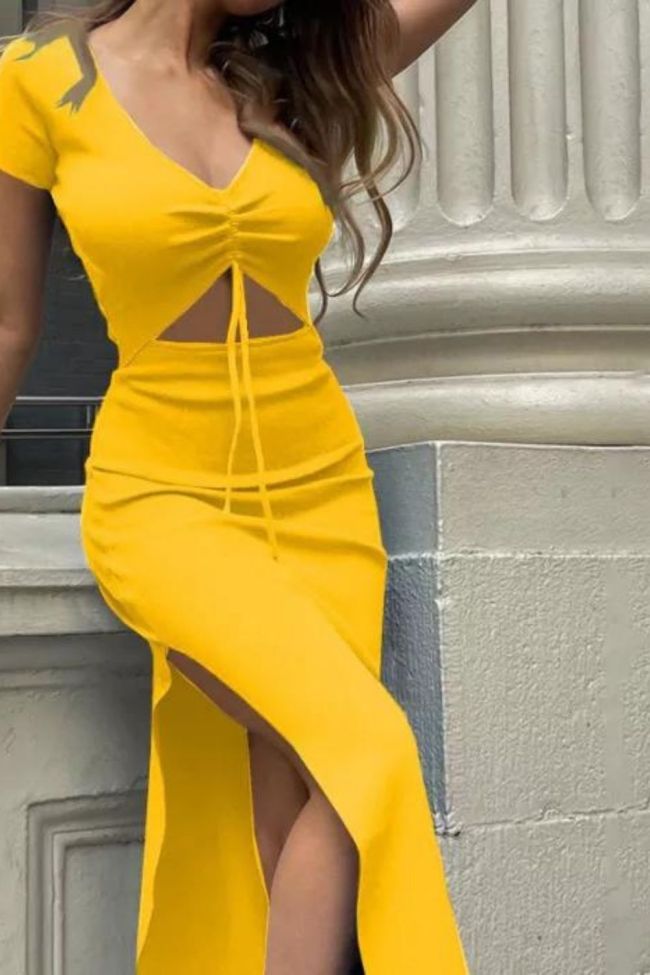 Fashion Sexy Navel Slit Tie Pleated Slim Solid Color  Maxi Dresses