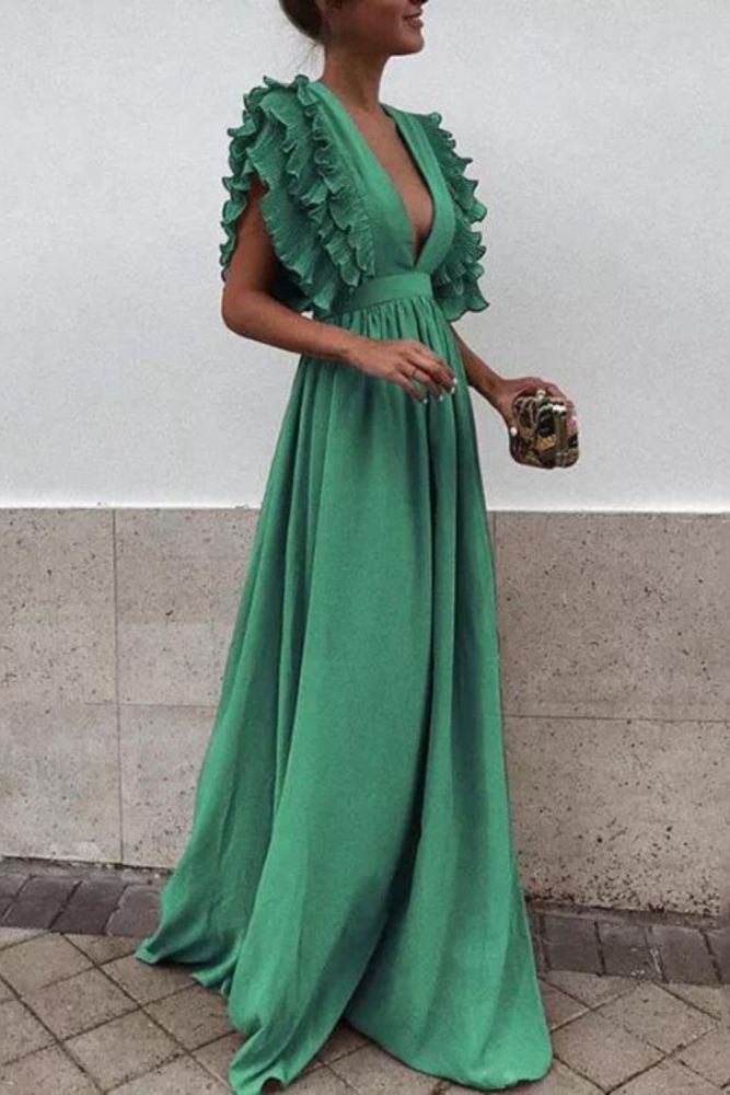 Fashion Party Deep V Neck Elegant Flying Sleeves Backless Maxi Evening Dress