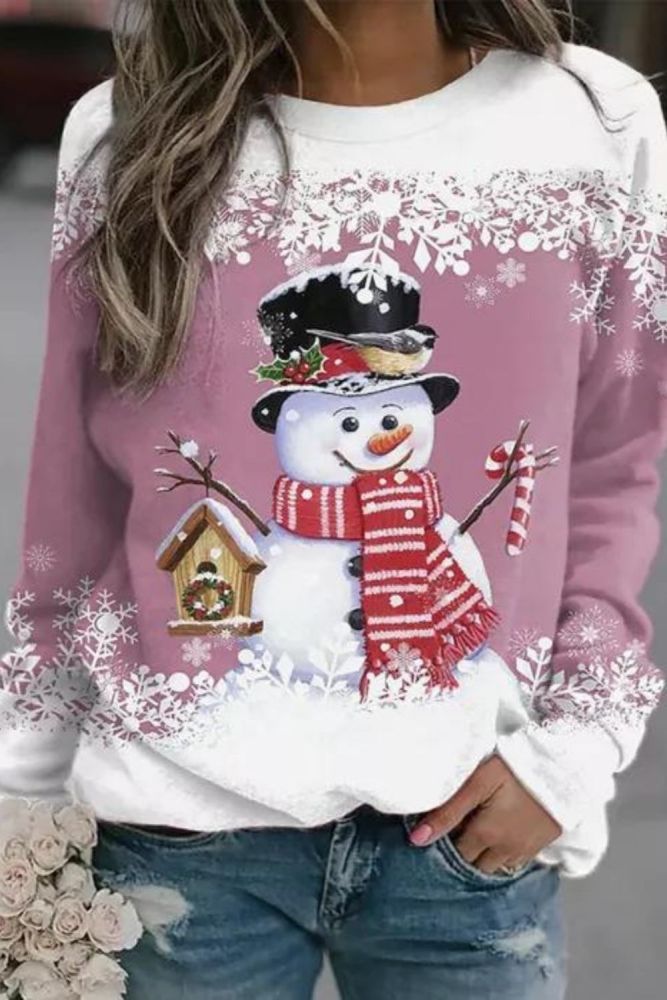 Christmas Snowman Print Long Sleeve Casual Loose Women's Sweatshirt