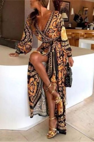 Fashionable Bohemian V Neck Loose Printed Gown Casual Maxi Dress