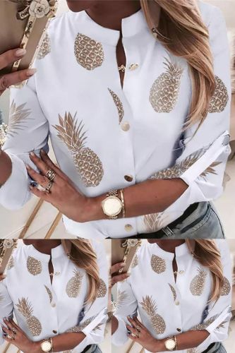 Fashion Round Neck Long Sleeve Top Pineapple Print  Blouses Top
