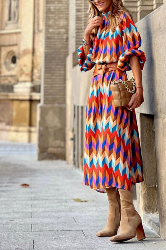 Fashion Geometric Prints High Neck Full Sleeves Dress