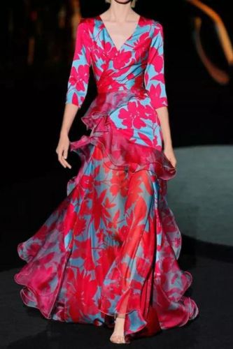 Fashionable Elegant Design Printed High Waist Ruffle Trim V Neck Maxi Dress