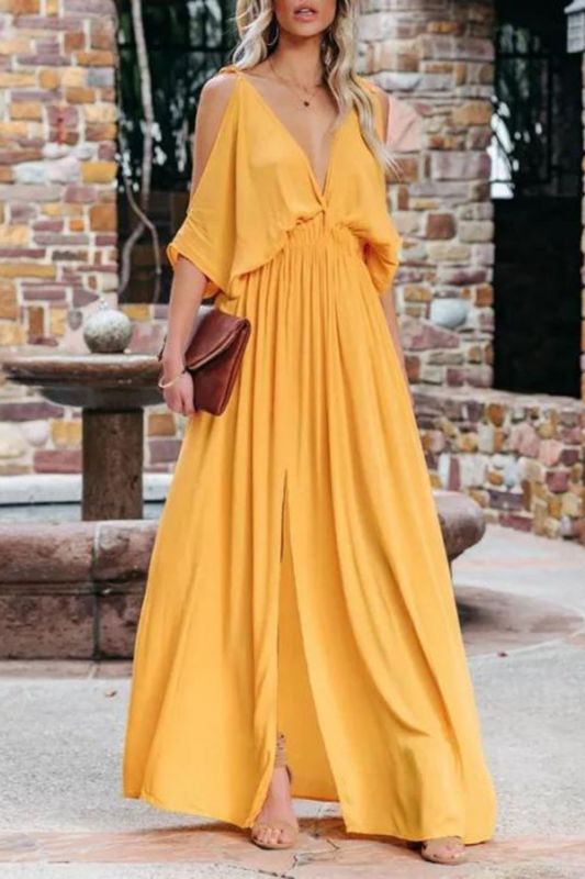 Sexy V Neck Off Shoulder Sleeve Elegant Solid Color Slit Casual Backless Party Maxi Dress