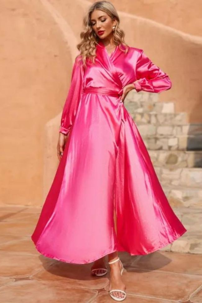Fashion Solid Color Satin Tie Long Sleeves Elegant Evening Sexy Maxi Dress