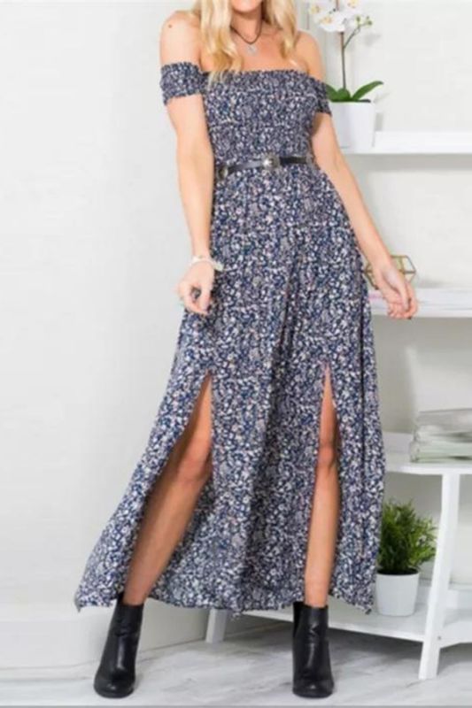 Slant Neck Bohemian Elegant Short Sleeve Casual Loose Sexy Maxi Dress