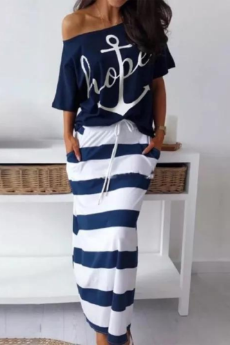 Casual Loose Print Stripe Short Sleeve Off Shoulder Beach Skirts  2 Pieces