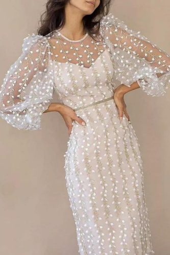 Women Sexy See-through Embroidery O-neck Lantern Sleeve High Waist Dresses