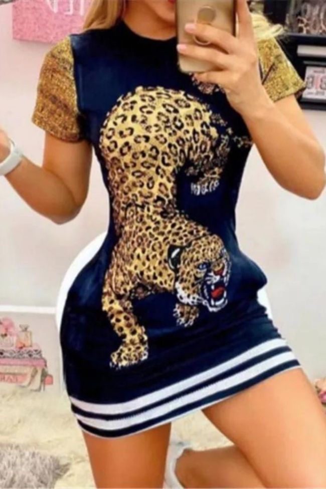 Fashion Short Sleeve Print Sexy Mini  Bodycon Dress