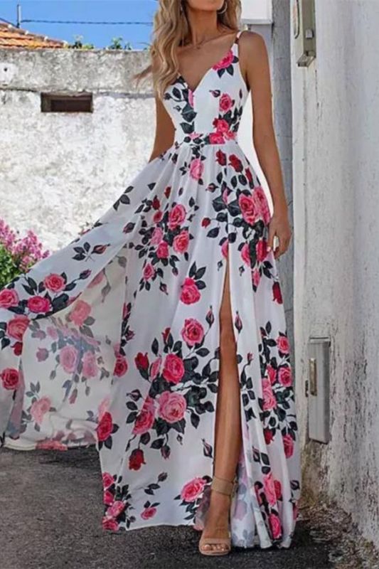 Elegant Chic Slit Sexy V Neck Floral Print Fashion Party Maxi Dress