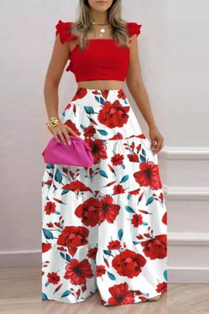 Ladies Flower Print Off Shoulder Ruffle Fashion Elegant  Two Pieces Suit