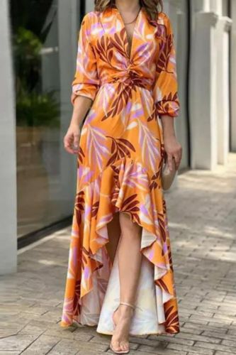 Elegant Long Sleeve Print Fashion Casual Print Asymmetric Tie Maxi Dress