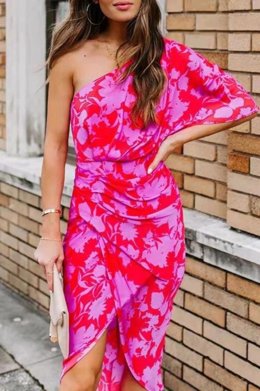 Sexy Slim Off Shoulder Hip Lift Print Fashion  Midi Dress