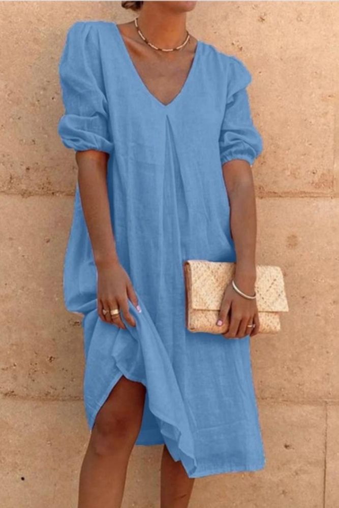 Chic Casual V Neck Puff Half Sleeve Solid Color Midi Dress