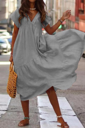 Bohemian Womens Fashion V Neck Midi Ruffle Dresses