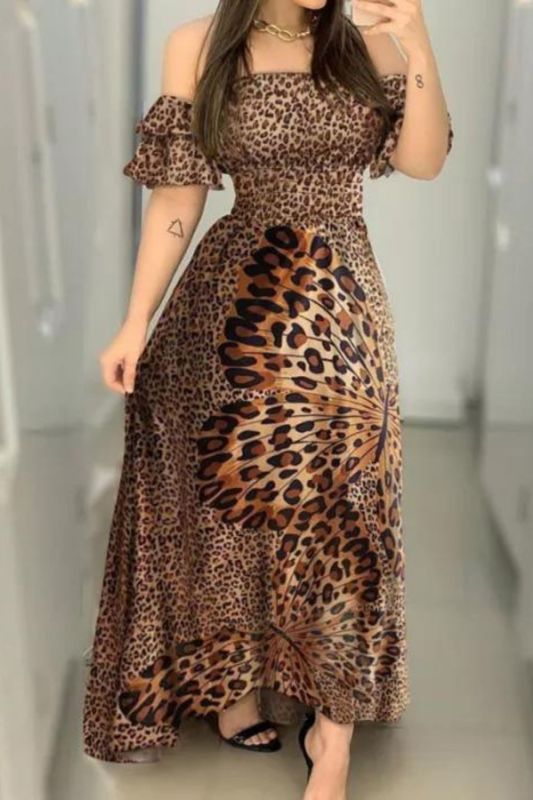 Boho Leopard Off Shoulder Ruffle Sleeves Sexy Lace Up Slit Neck Party  Maxi Dress