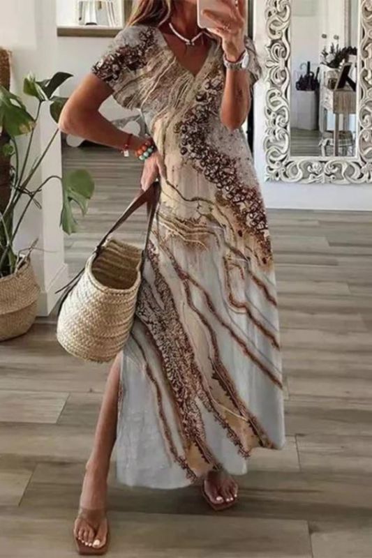 Casual Loose Printed V Neck Short Sleeve Vintage Floral  Maxi Dress