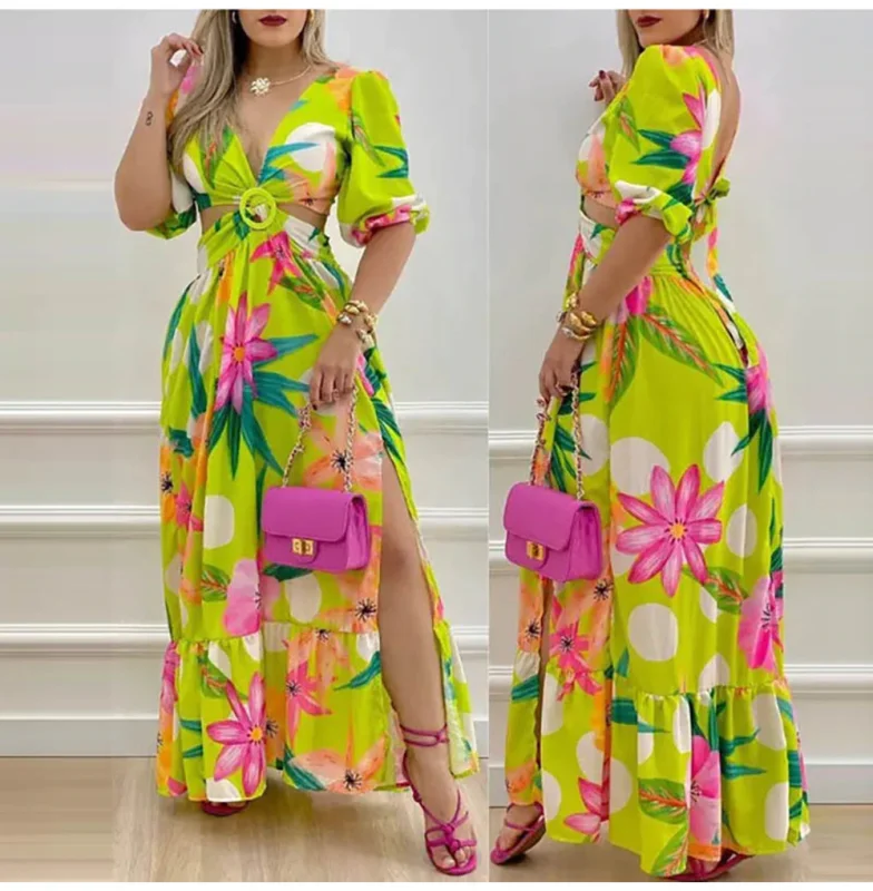Sexy Short Sleeve Hollow Out Fashion Casual Flower Backless Elegant Maxi Dress