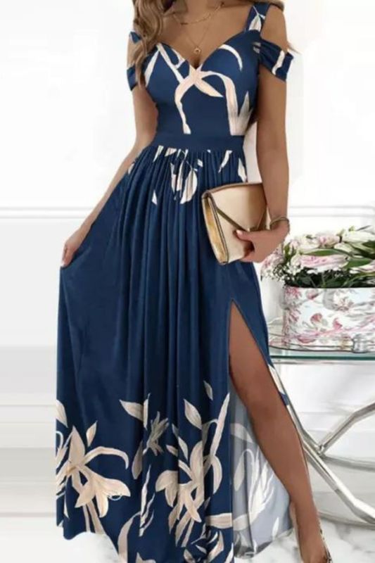 Off Shoulder Floral Print Sexy Party V Neck Fashion Maxi Dress