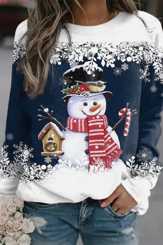 Women's Christmas Snowman Print Long-sleeved Casual Round Neck Pullover T-shirt