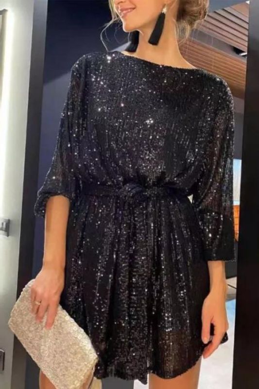 Elegant Solid Sequin Party Casual Long Sleeve A-Line Mini Dress