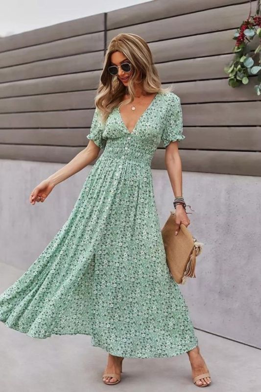 Fashion Print Elastic Waist V Neck Swing Short Sleeve  Maxi Dress