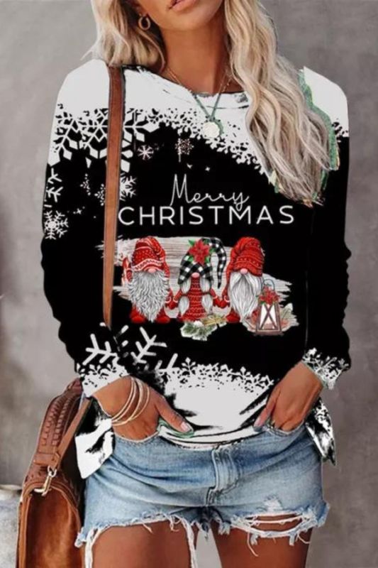 Winter Christmas Print Fashion Long Sleeve 3D Print Pullover  T-Shirts Top