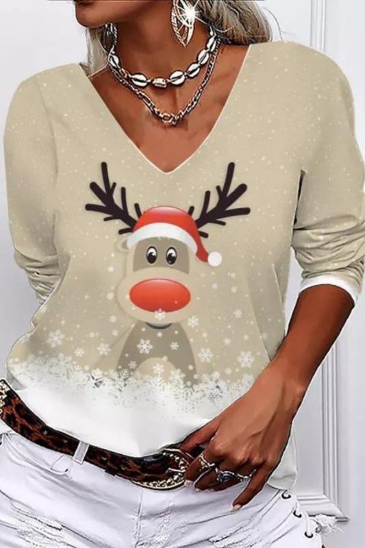 V-neck Christmas Print Long-Sleeved Fashion Casual  T-Shirts
