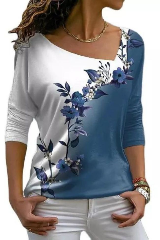 Women's Fashion Floral Print V Neck Casual Harajuku T-Shirt